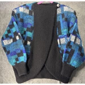 Vintage Tony Lambert Blue Plaid Cardigan Sweater Wool Blend Size Large Retro
